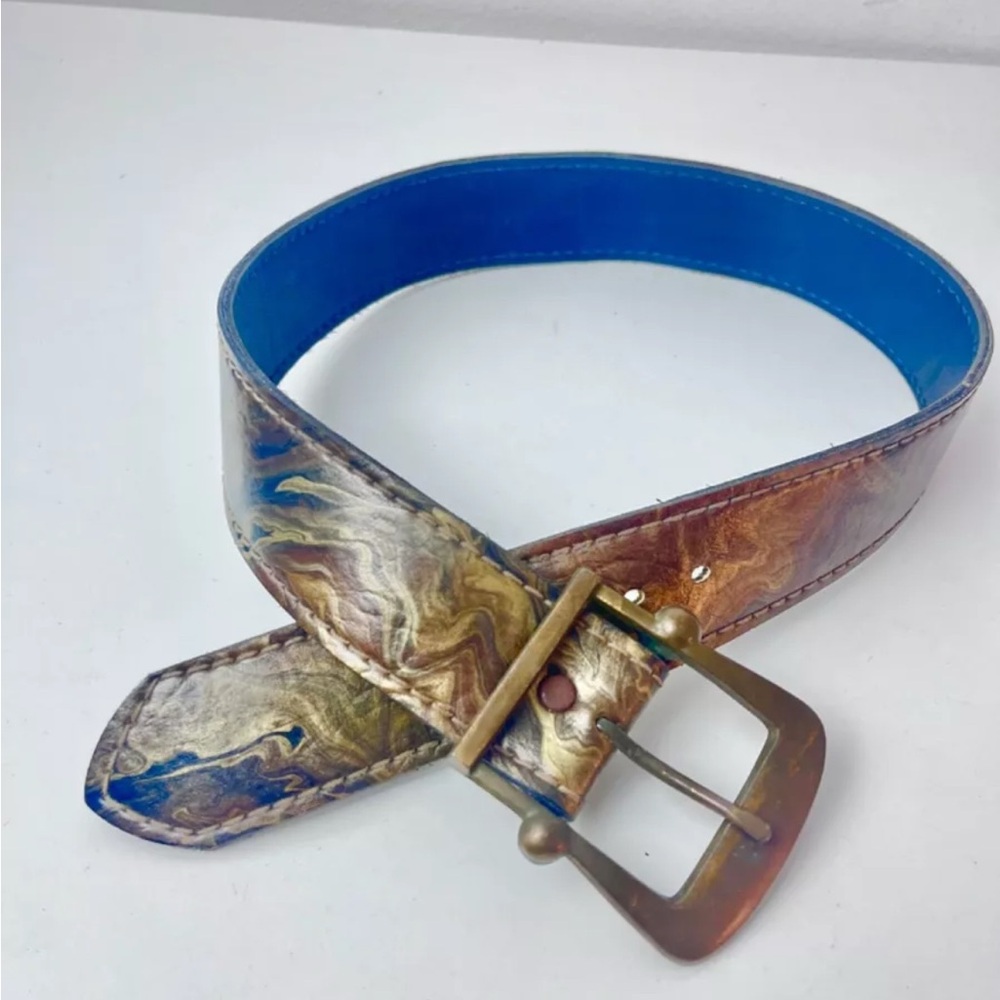 Vintage Metallic Marbled Leather Belt with Brass Buckle, Size 28